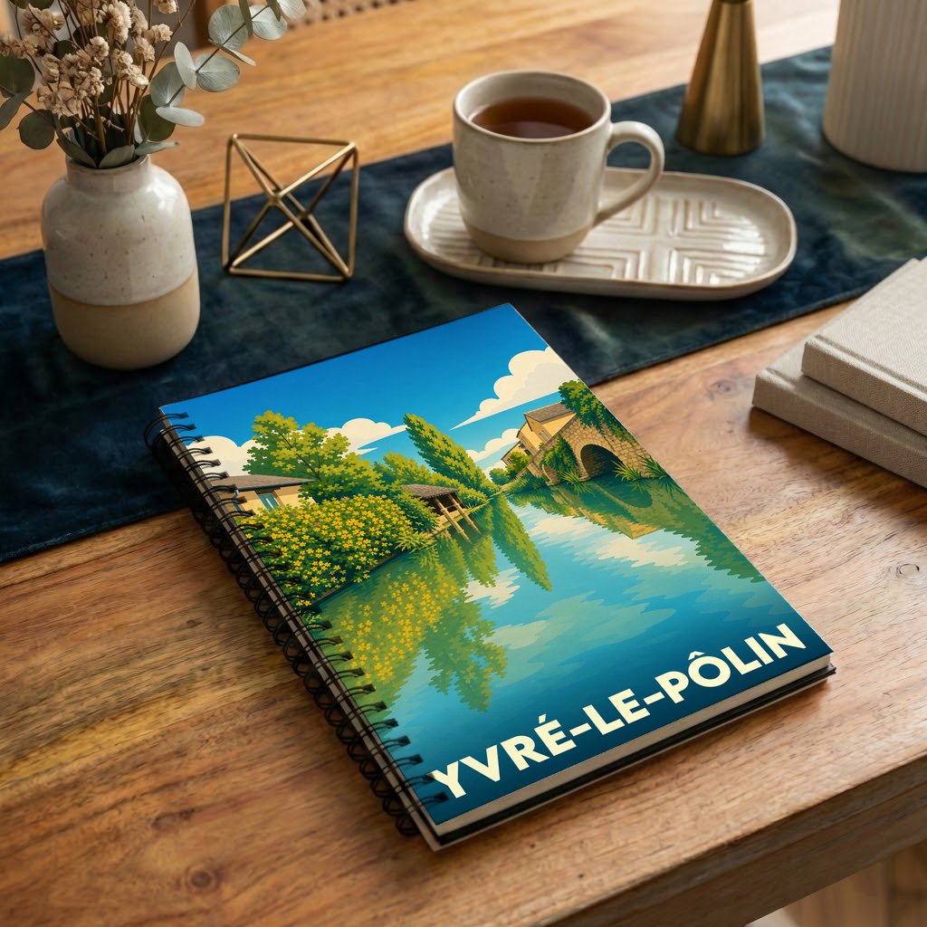 Carnet à spirales souvenir de la ville d'Yvré-le-Pôlin illustré par un paysage de rivière stylisé.