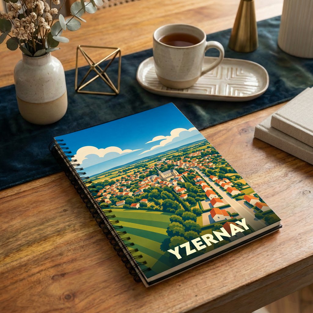 Carnet souvenir de la ville d'Yzernay illustré par une vue aérienne stylisée et colorée.