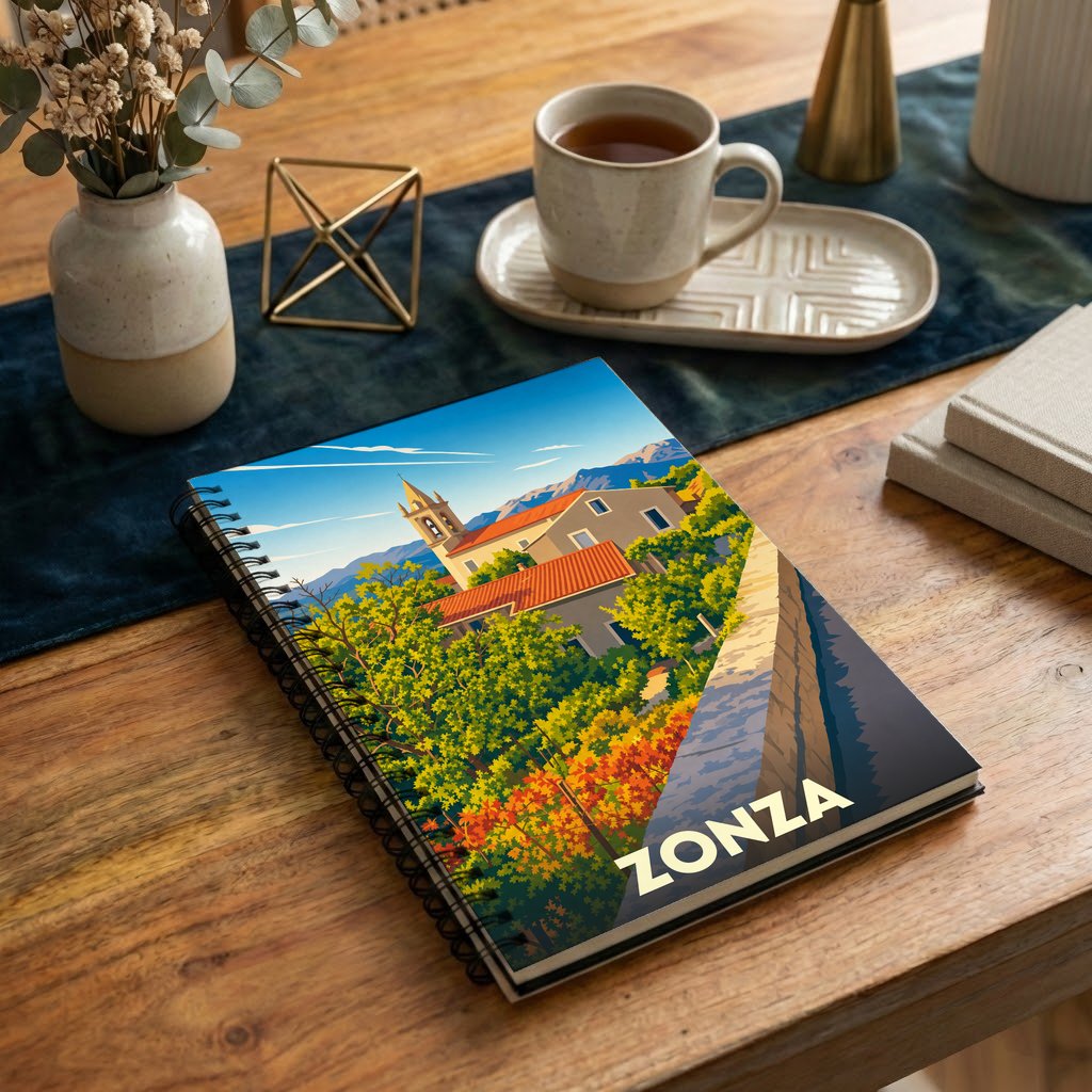 Carnet souvenir de la ville de Zonza avec une illustration stylisée.