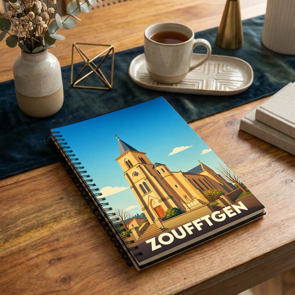 Carnet à spirale souvenir de la ville de Zoufftgen avec une illustration stylisée de son église.