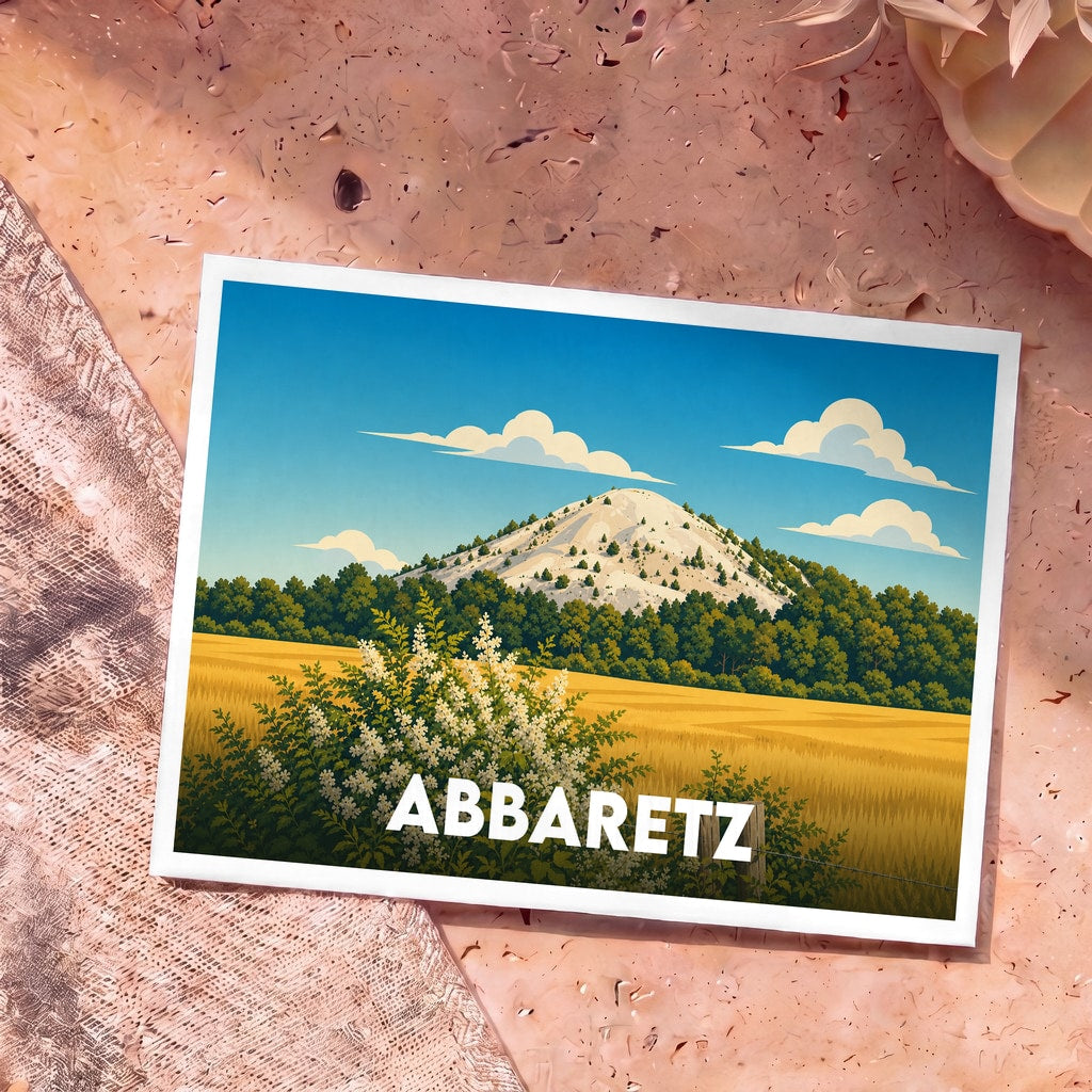 Carte postale souvenir d'Abbaretz illustrant son célèbre terril surplombant des champs dorés dans un style graphique épuré.