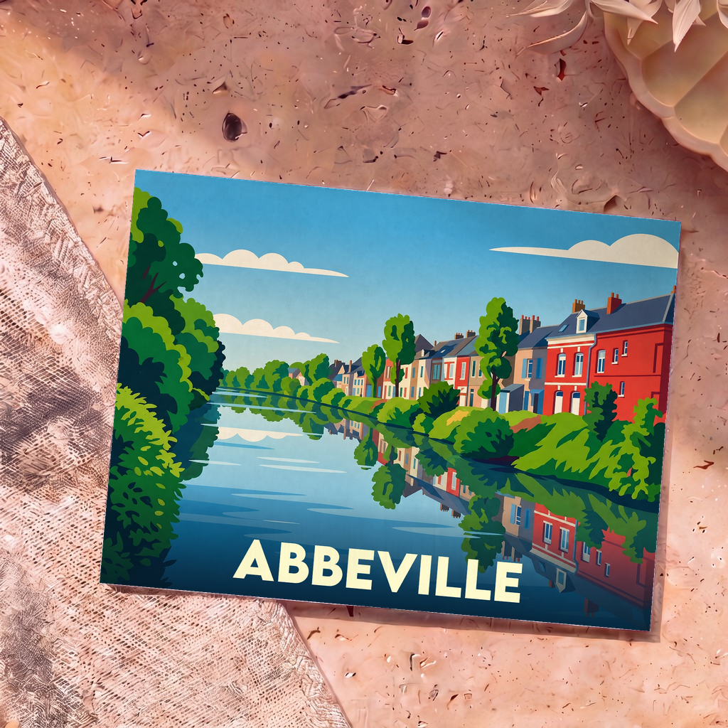 Carte postale souvenir de la ville d'Abbeville avec une illustration stylisée de maisons colorées bordant la Somme.