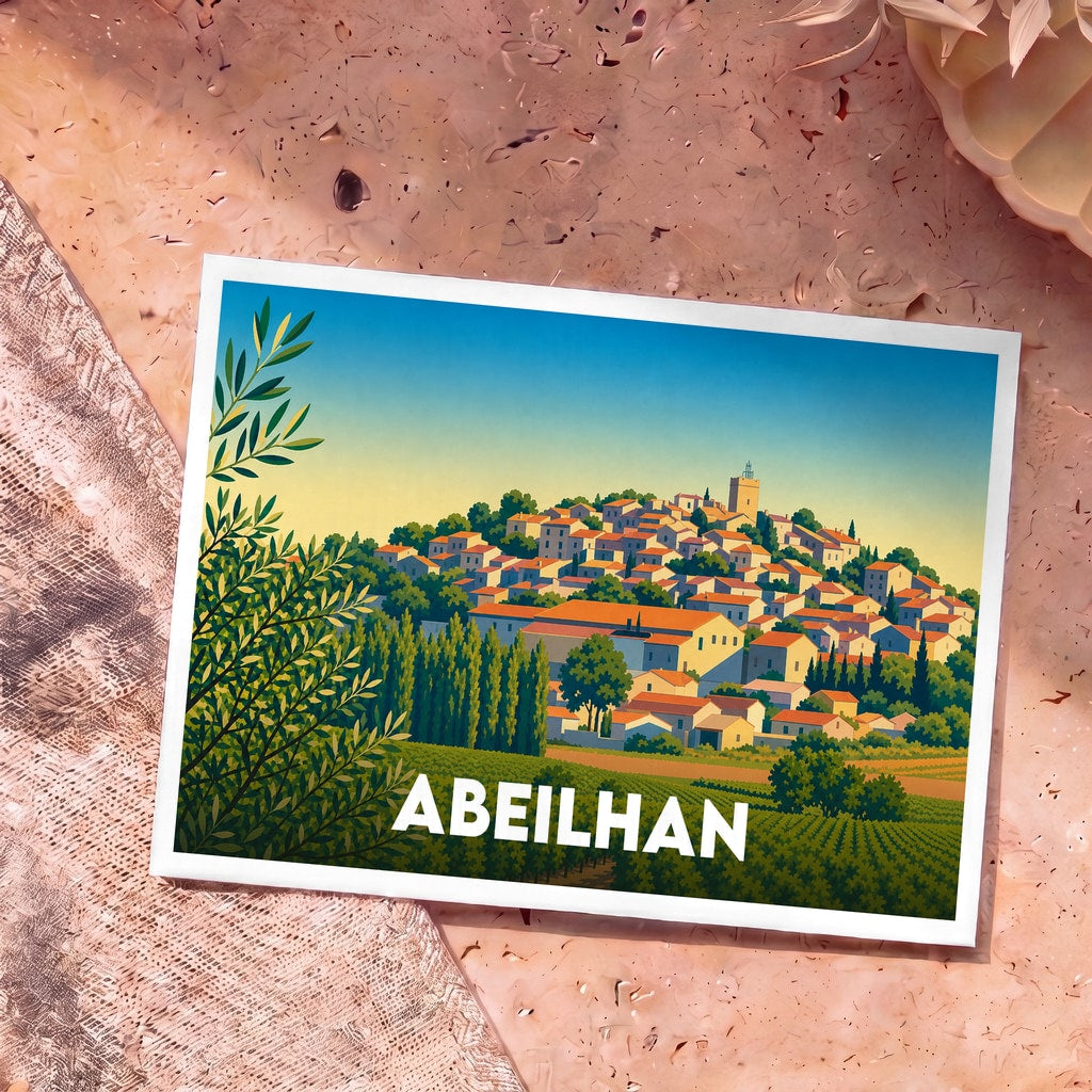 Carte postale souvenir de la ville d'Abeilhan avec une illustration stylisée d'un village occitan entouré de vignes.