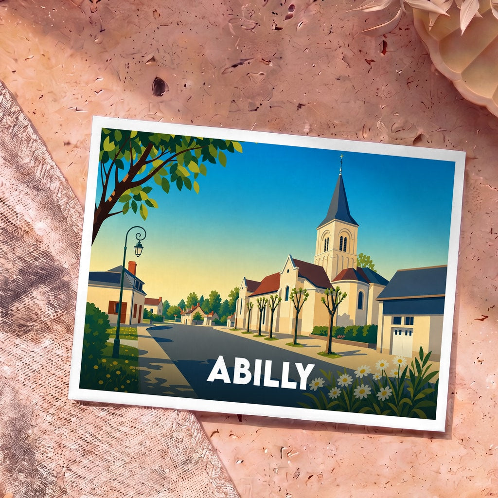 Carte postale souvenir de la ville d'Abilly avec une illustration stylisée de son église et de ses rues.