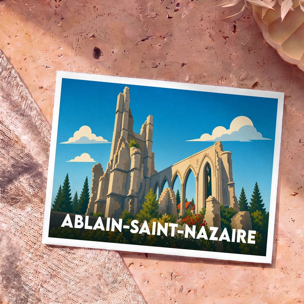 Carte postale souvenir de la ville d'Ablain-Saint-Nazaire avec une illustration stylisée de ses ruines historiques.