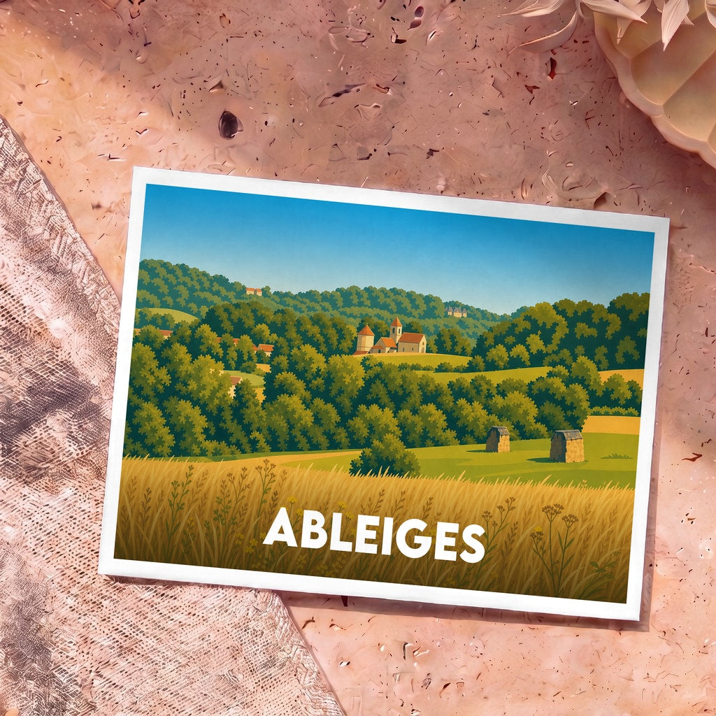Carte postale souvenir de la ville d'Ableiges avec une illustration stylisée d'un paysage rural vallonné.