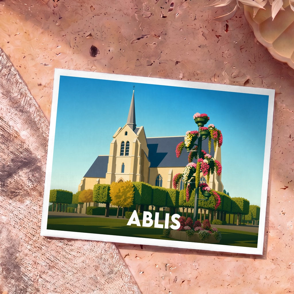 Carte postale souvenir de la ville d'Ablis illustrant son église et ses jardins dans un style graphique épuré.