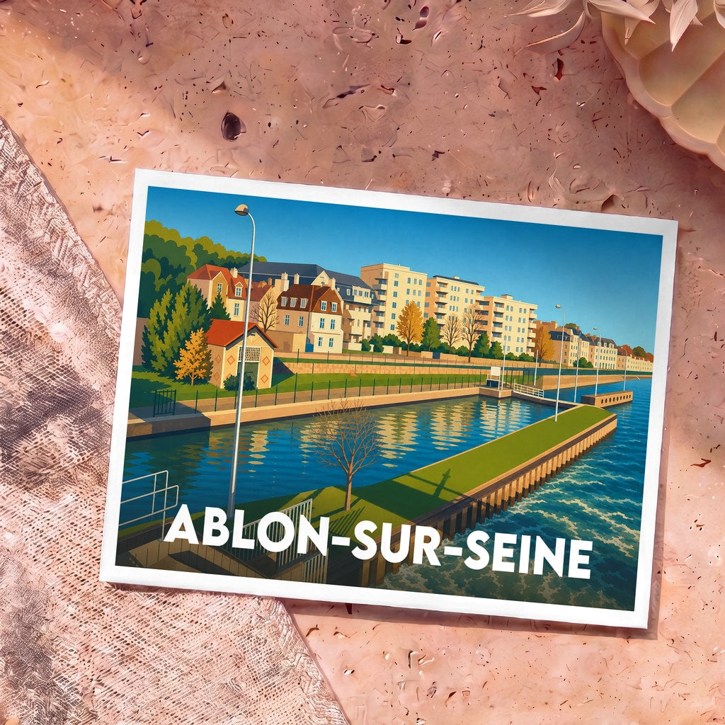 Carte postale souvenir de la ville d'Ablon-sur-Seine avec une illustration stylisée des bords de Seine.