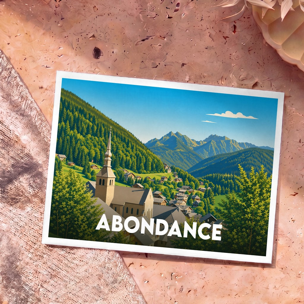 Carte postale souvenir de la ville de Abondance avec une illustration stylisée d'un village de montagne et son église.