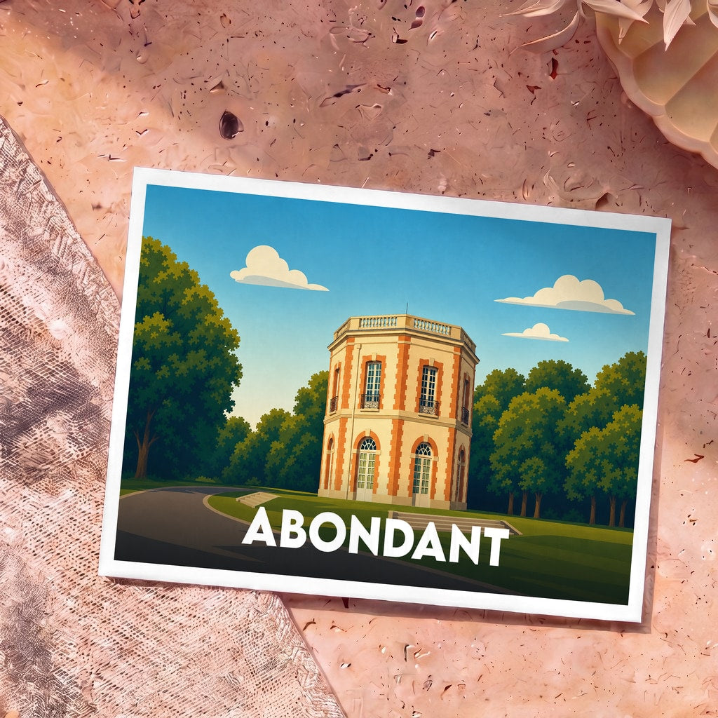 Carte postale souvenir de la ville d'Abondant illustrant un pavillon octogonal historique dans un style graphique épuré.