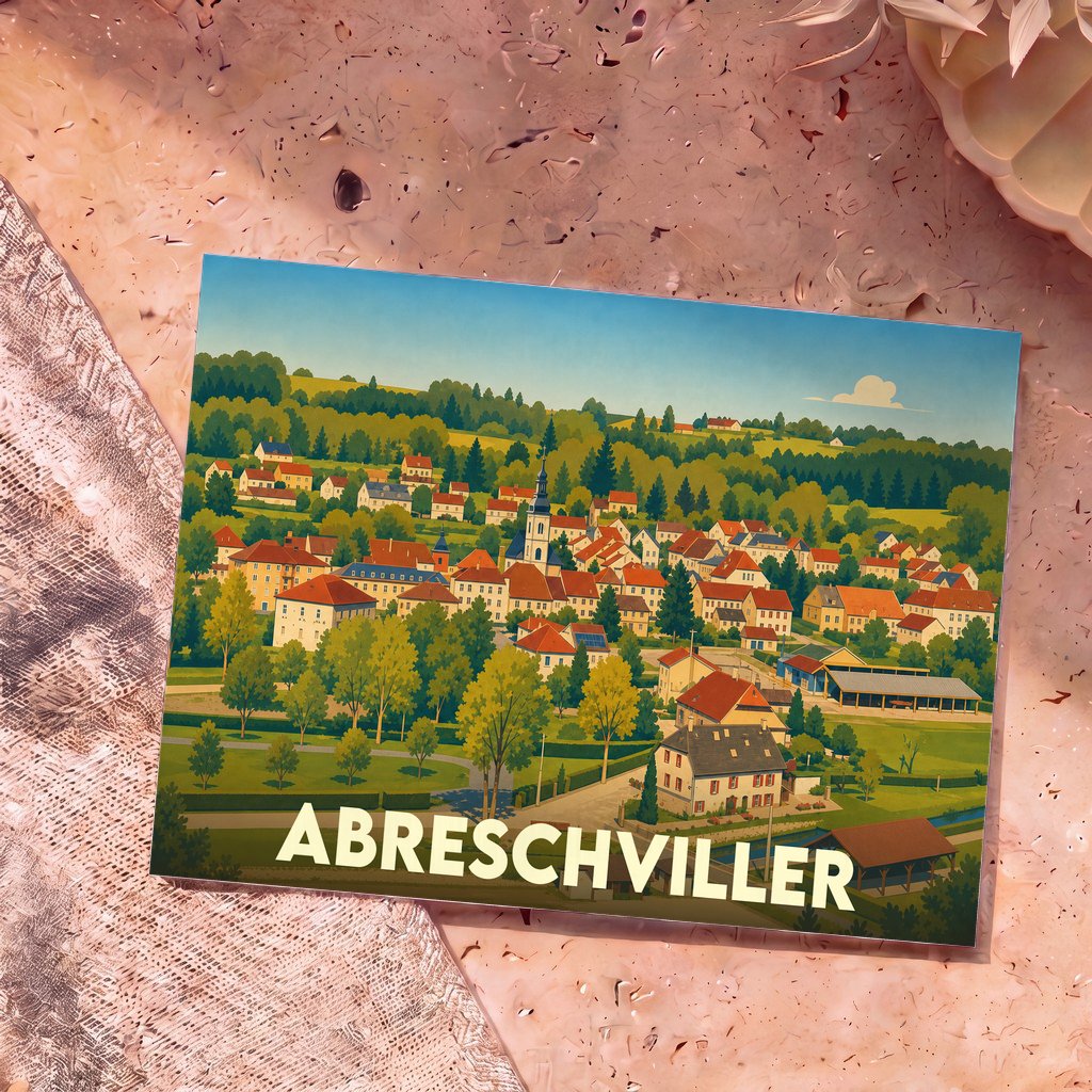 Carte postale souvenir de la ville d'Abreschviller avec une illustration colorée et stylisée du village.