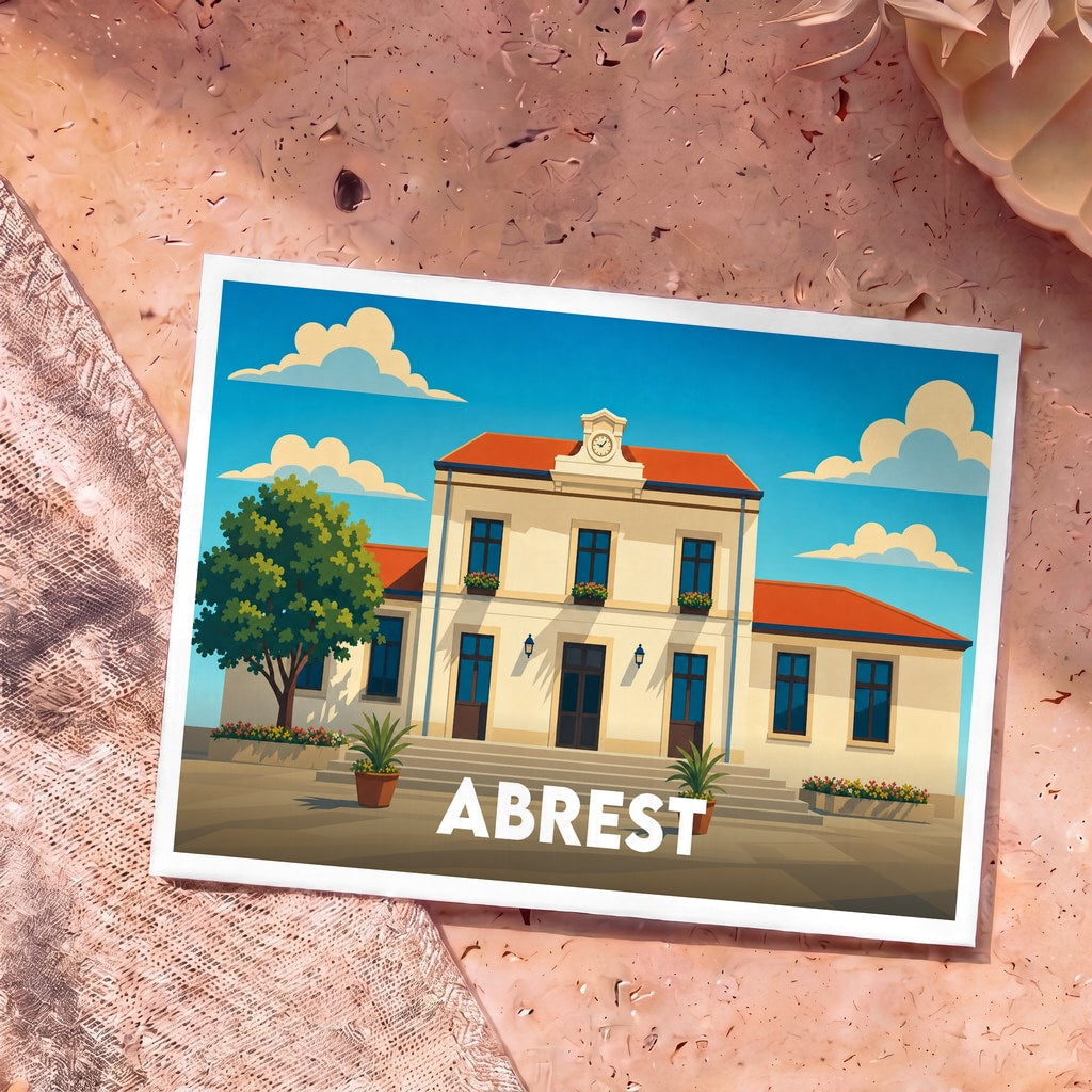 Carte postale souvenir de la ville d'Abrest illustrant sa mairie dans un style graphique épuré.