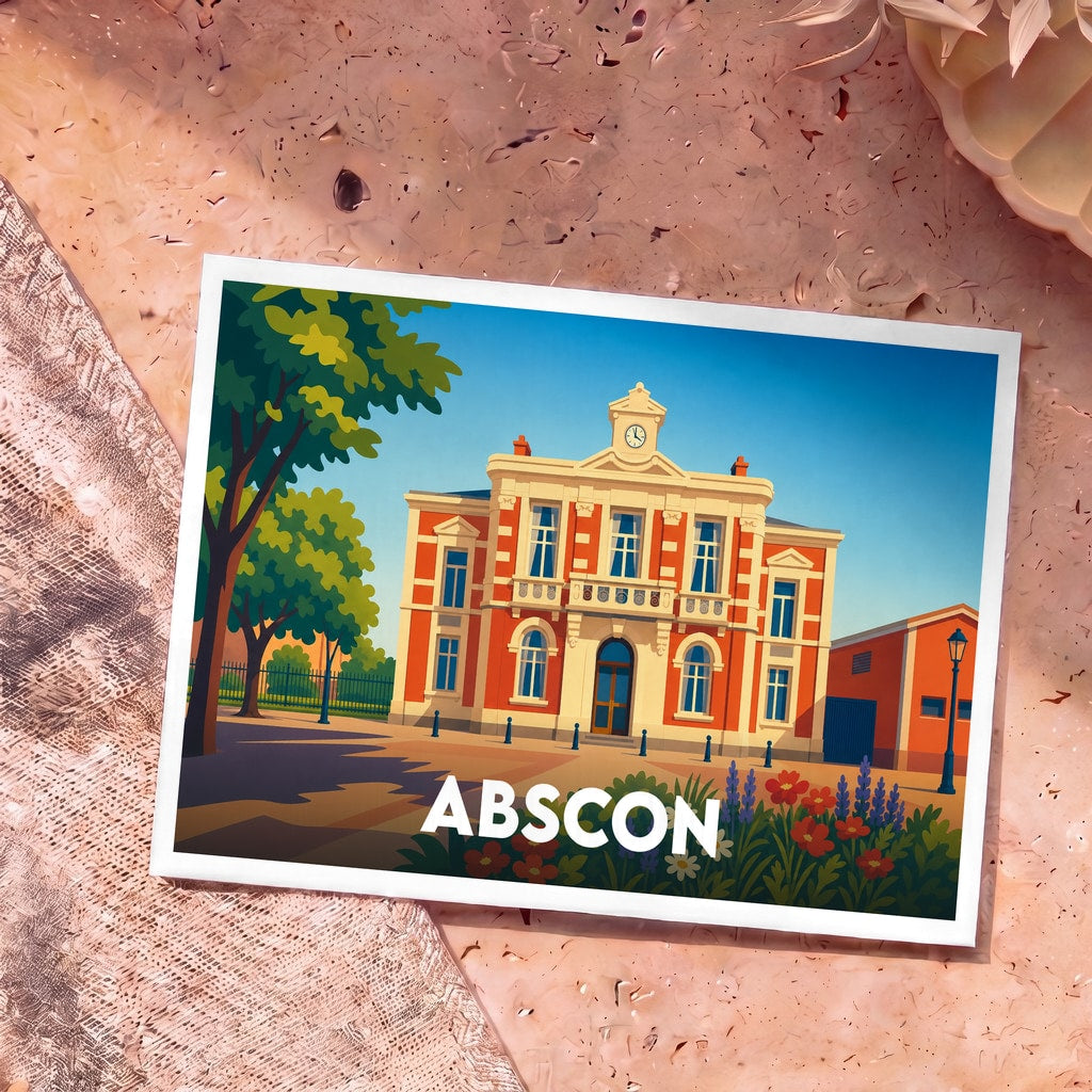 Carte postale souvenir de la ville d'Abscon illustrant son hôtel de ville dans un style graphique coloré.