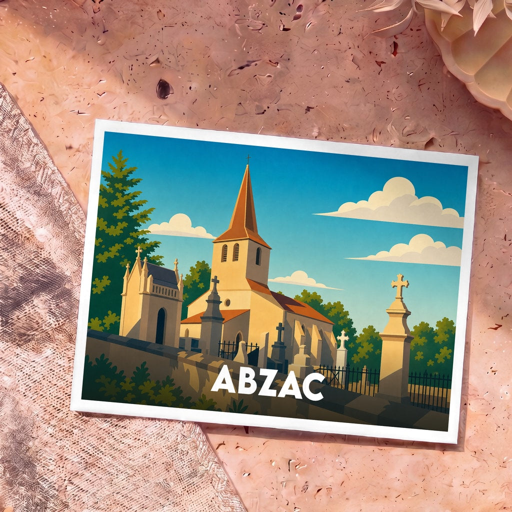 Carte postale souvenir de la ville d'Abzac avec une illustration stylisée de son église et de son cimetière.