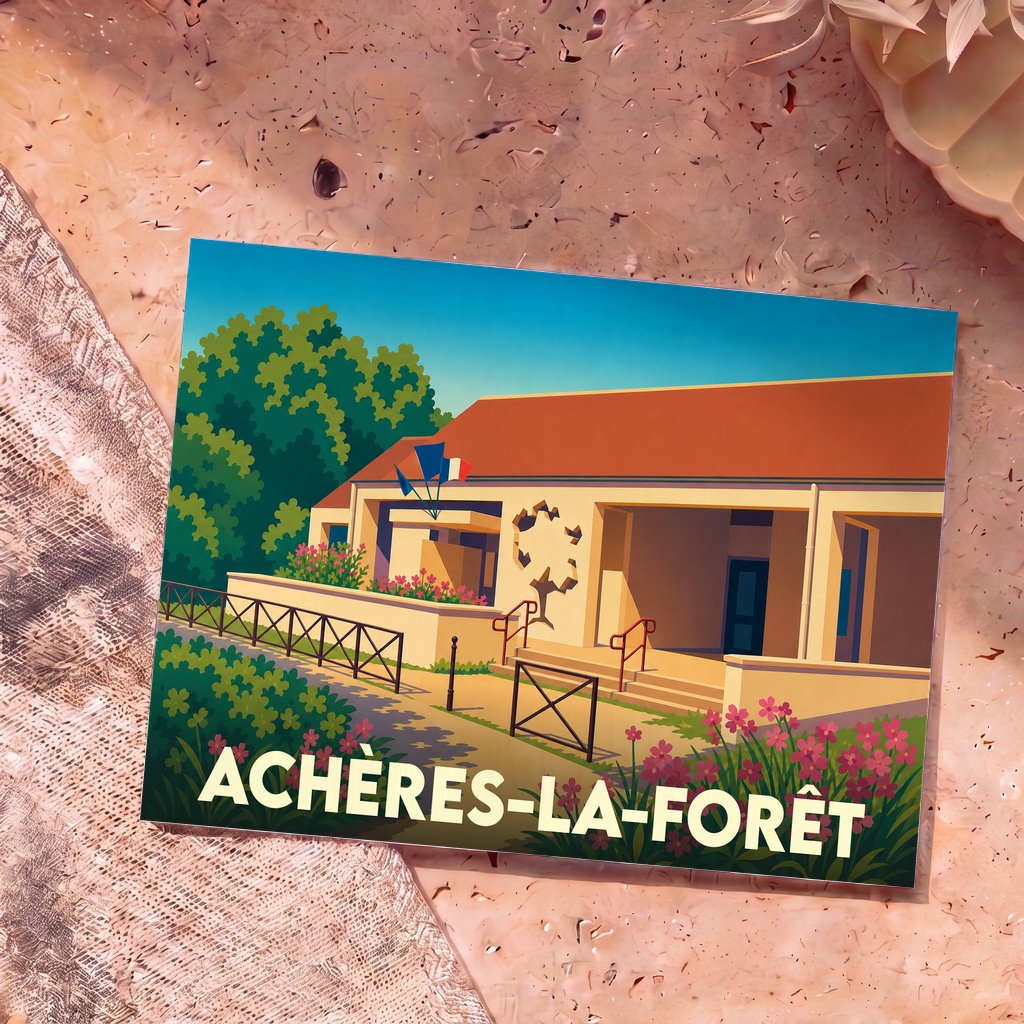 Carte postale souvenir de la ville de Achères-la-Forêt avec une illustration stylisée de la mairie.