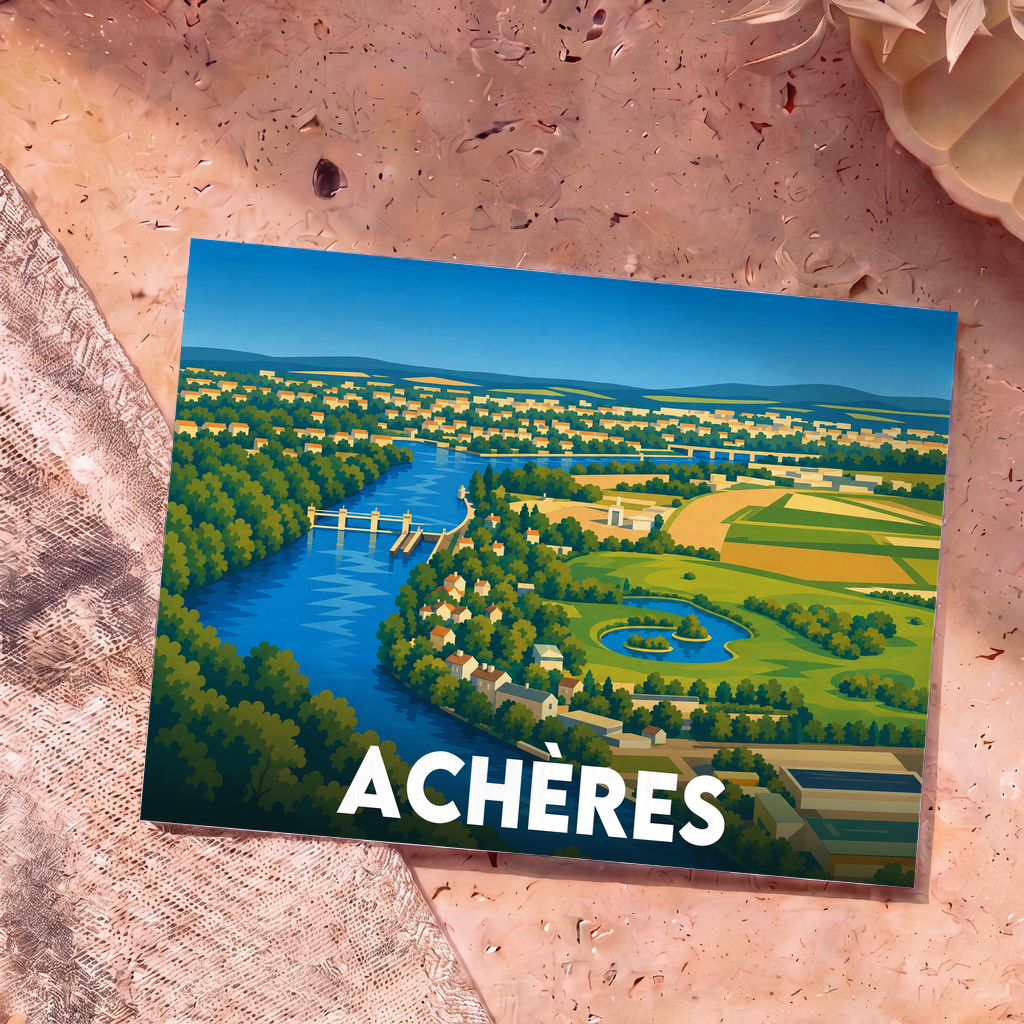 Carte postale souvenir de la ville d’Achères avec une illustration stylisée et colorée de la Seine.