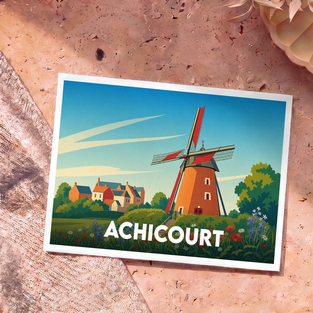 Carte postale souvenir de la ville d'Achicourt avec une illustration stylisée d'un moulin à vent traditionnel.