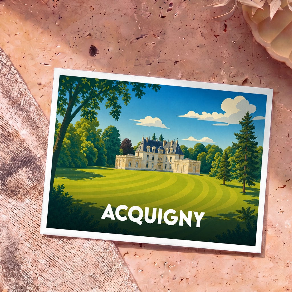 Carte postale souvenir de la ville d'Acquigny représentant son château et son parc dans un style illustré.