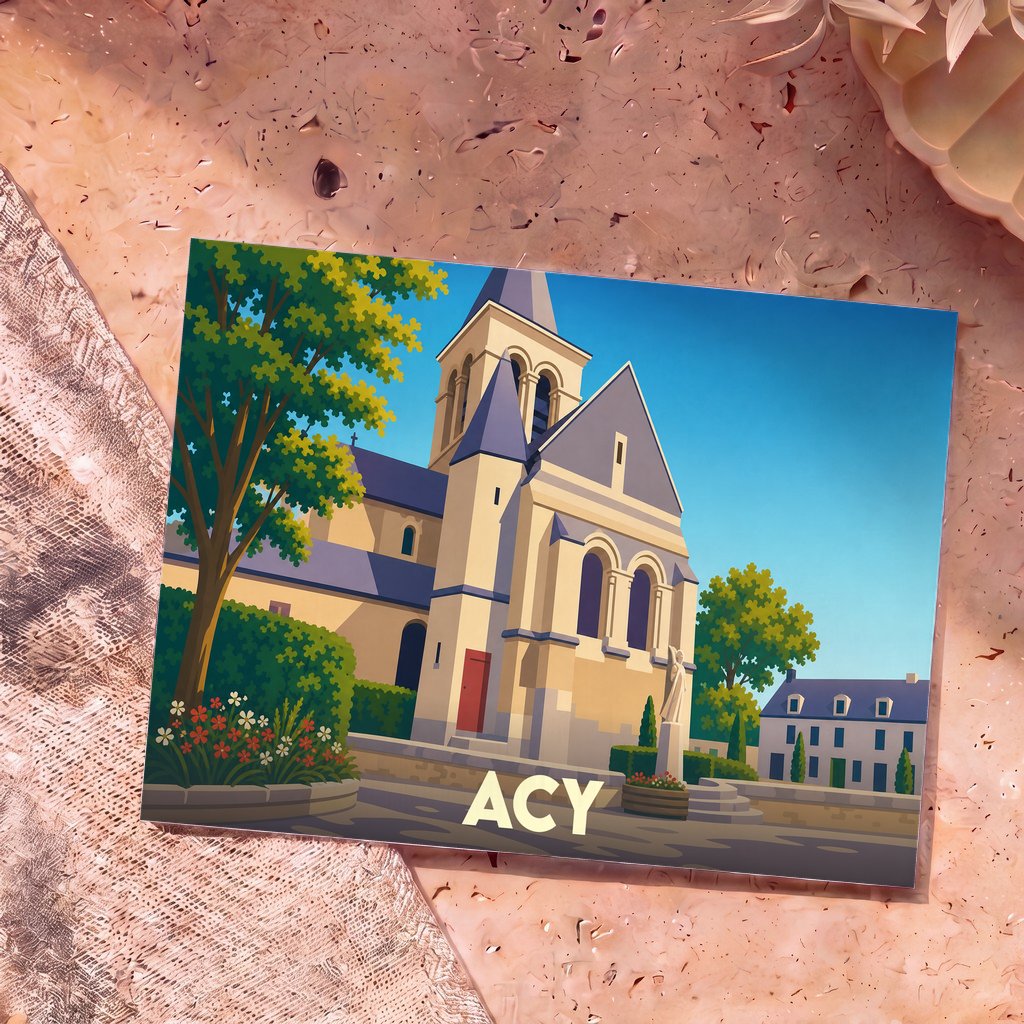 Carte postale souvenir de la ville d'Acy avec une illustration stylisée de son église sous un ciel bleu.