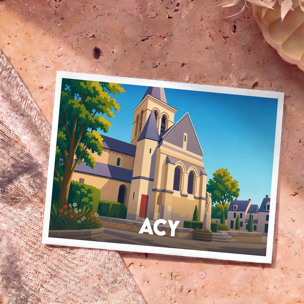Carte postale souvenir de la ville d'Acy avec une illustration stylisée de son église sous un ciel bleu.