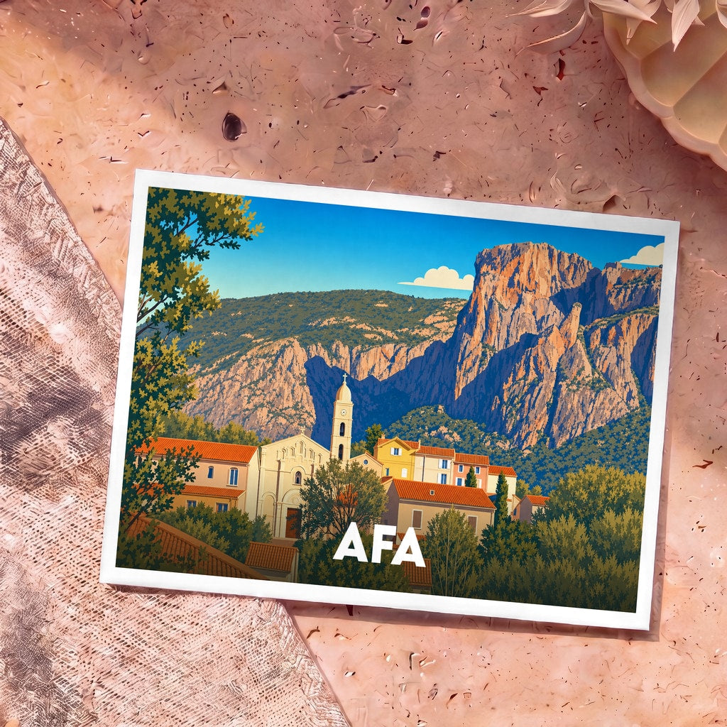 Carte postale souvenir de la ville d'Afa avec une illustration stylisée de son église et des montagnes environnantes.