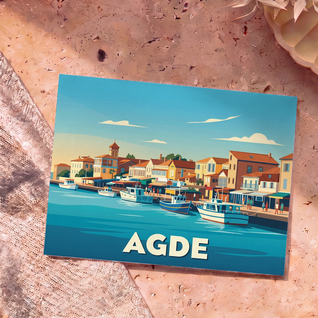 Carte postale souvenir de la ville d'Agde illustrant un port de pêche stylisé avec des bateaux colorés.