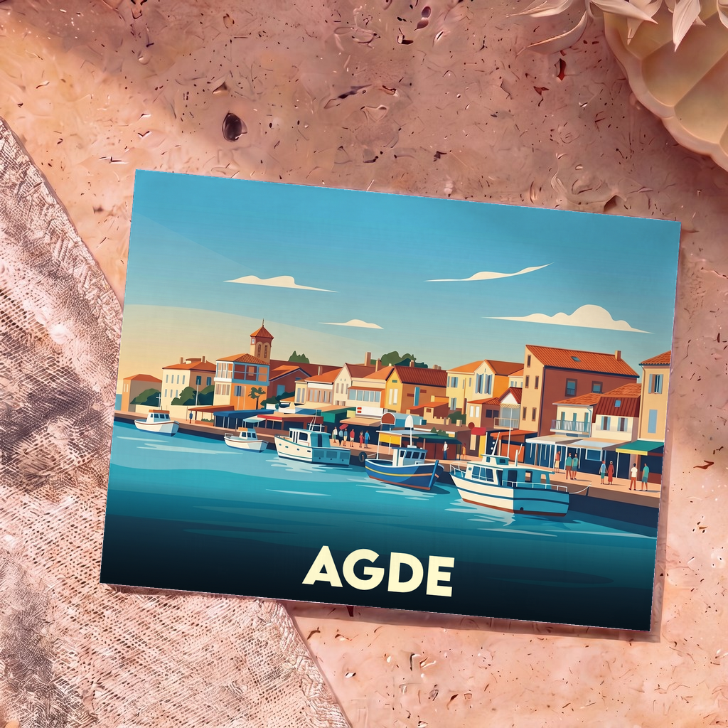 Carte postale souvenir de la ville d'Agde illustrant un port de pêche stylisé avec des bateaux colorés.