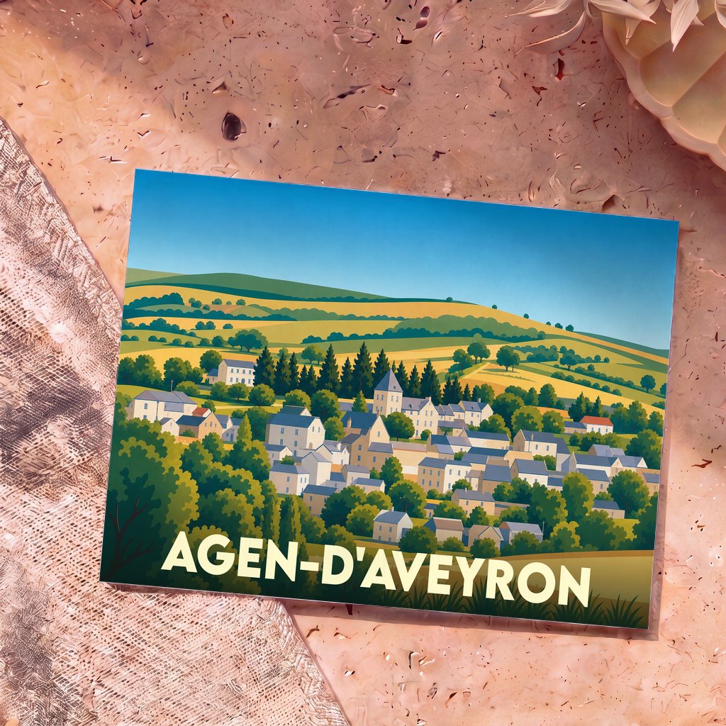 Carte postale souvenir de la ville d'Agen-d'Aveyron avec une illustration stylisée d'un village vallonné.