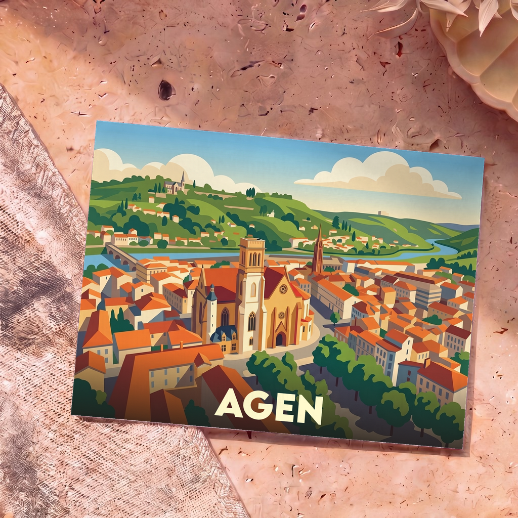 Carte postale souvenir de la ville d'Agen avec une illustration stylisée et colorée du centre-ville historique.