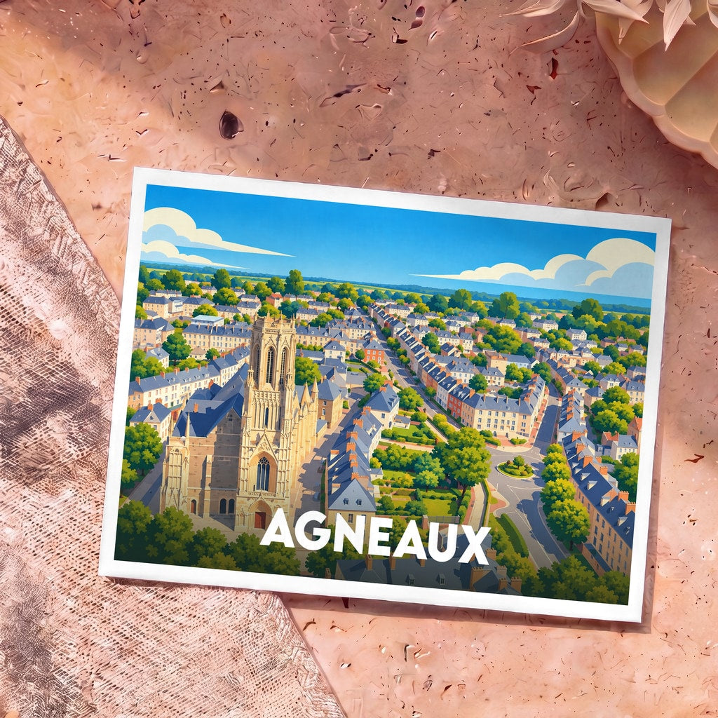 Carte postale souvenir de la ville d'Agneaux présentant une illustration stylisée de son église et de ses habitations.