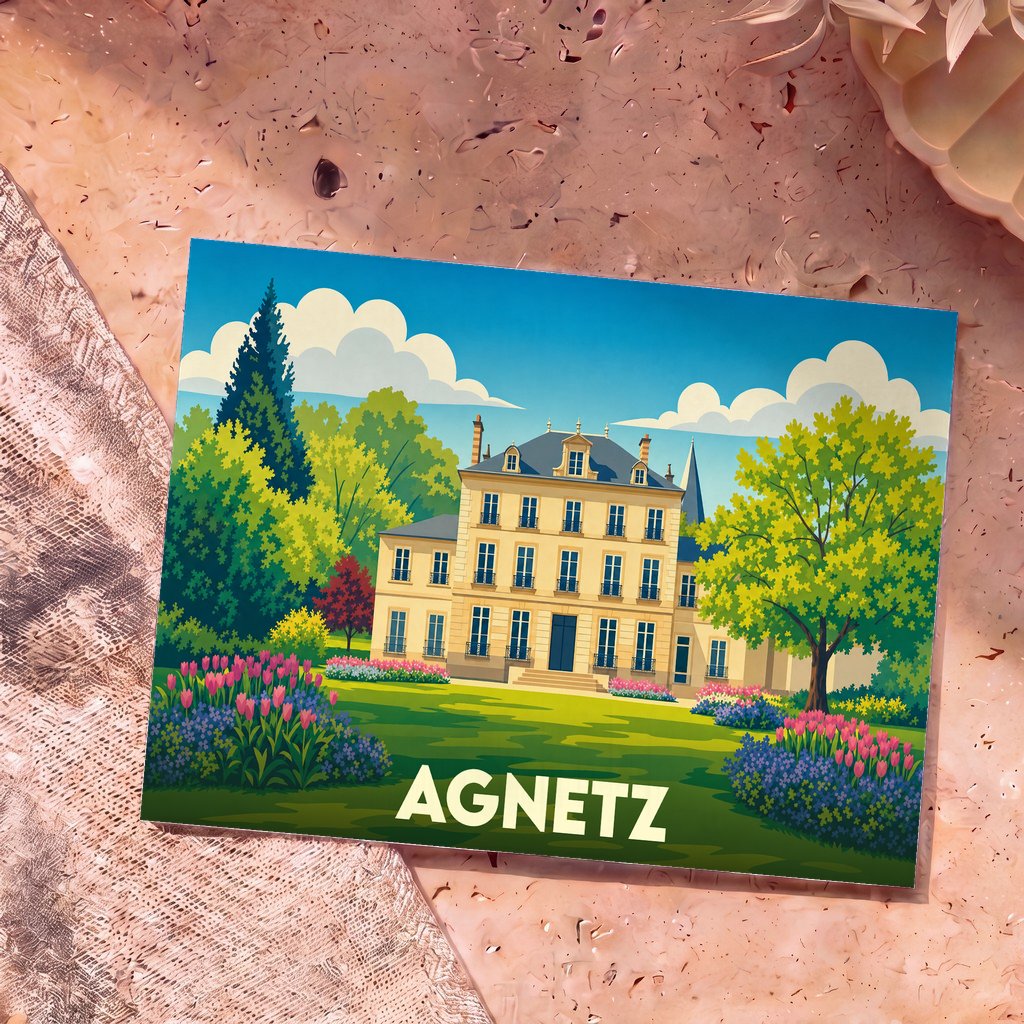 Carte postale souvenir de la ville d'Agnetz avec une illustration stylisée d'un manoir entouré d'un jardin fleuri.