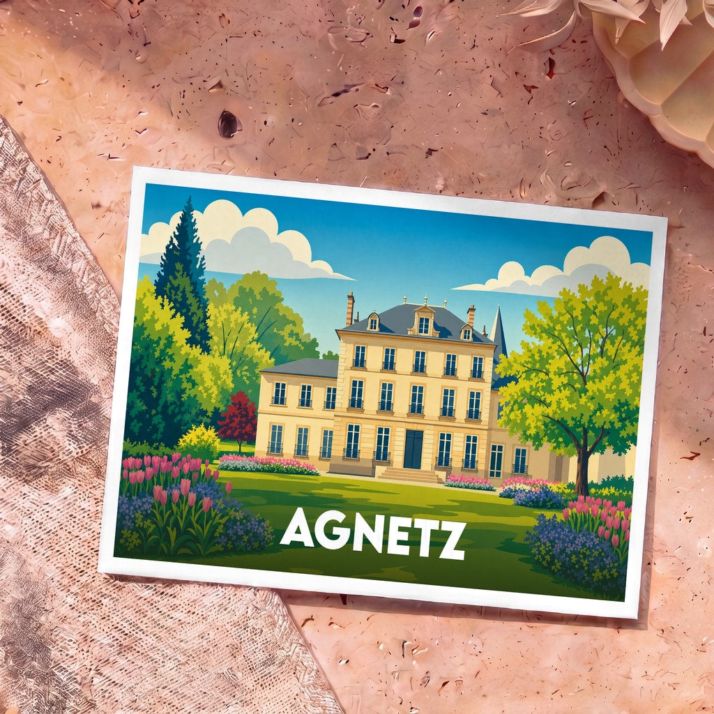 Carte postale souvenir de la ville d'Agnetz avec une illustration stylisée d'un manoir entouré d'un jardin fleuri.