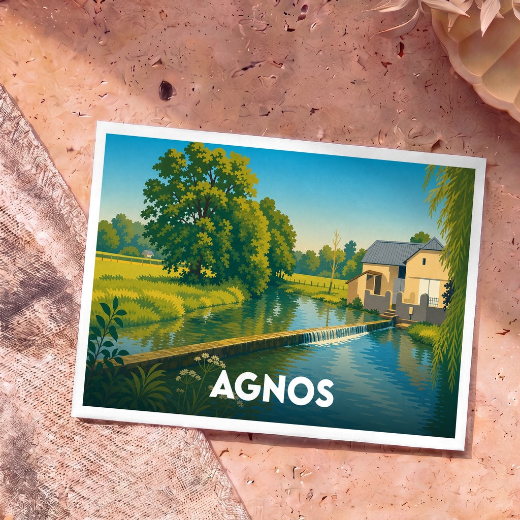 Carte postale souvenir de la ville d'Agnos représentant une illustration stylisée d'un moulin au bord de l'eau.