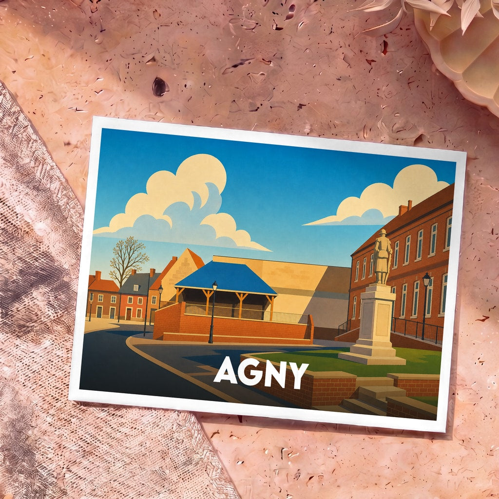 Carte postale souvenir de la ville d'Agny avec une illustration stylisée de sa place principale.
