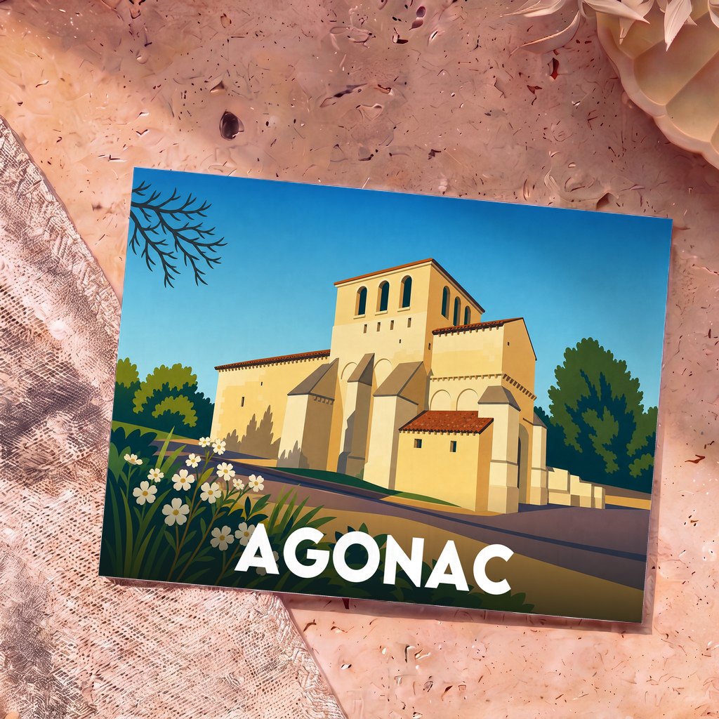 Carte postale souvenir de la ville d'Agonac illustrant son église médiévale dans un style épuré et coloré.