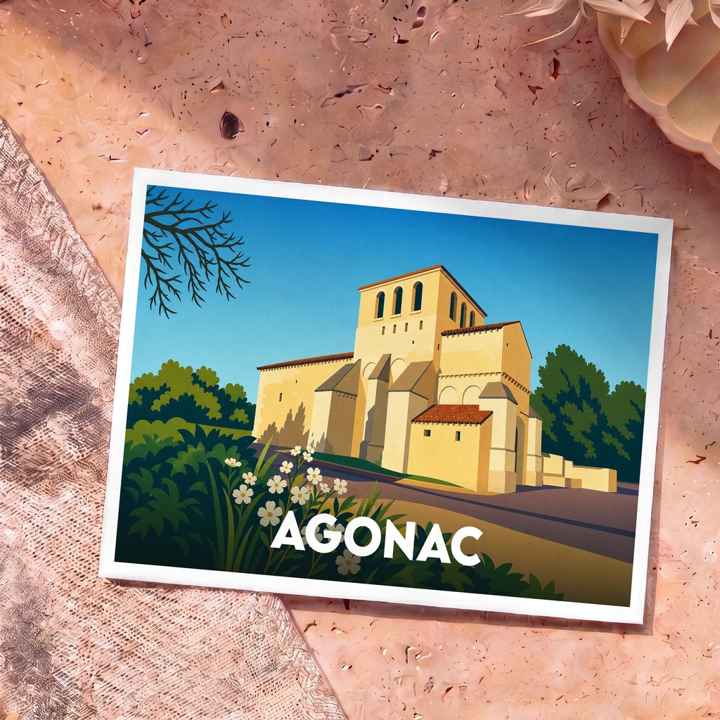 Carte postale souvenir de la ville d'Agonac illustrant son église médiévale dans un style épuré et coloré.
