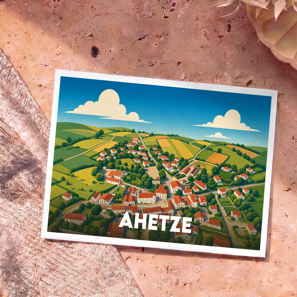 Carte postale souvenir de la ville d'Ahetze avec une illustration stylisée d'un village basque entouré de collines verdoyantes.