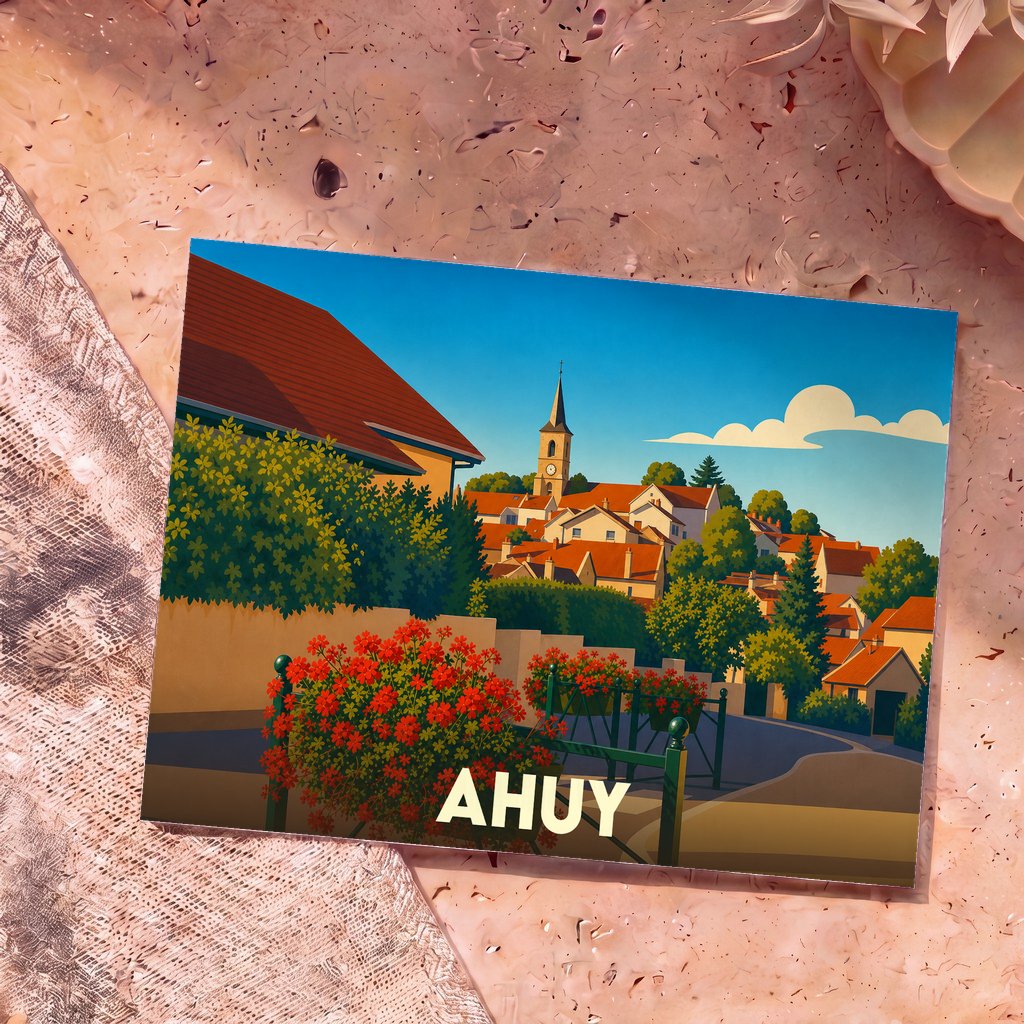 Carte postale souvenir de la ville de Ahuy avec une illustration stylisée et colorée.