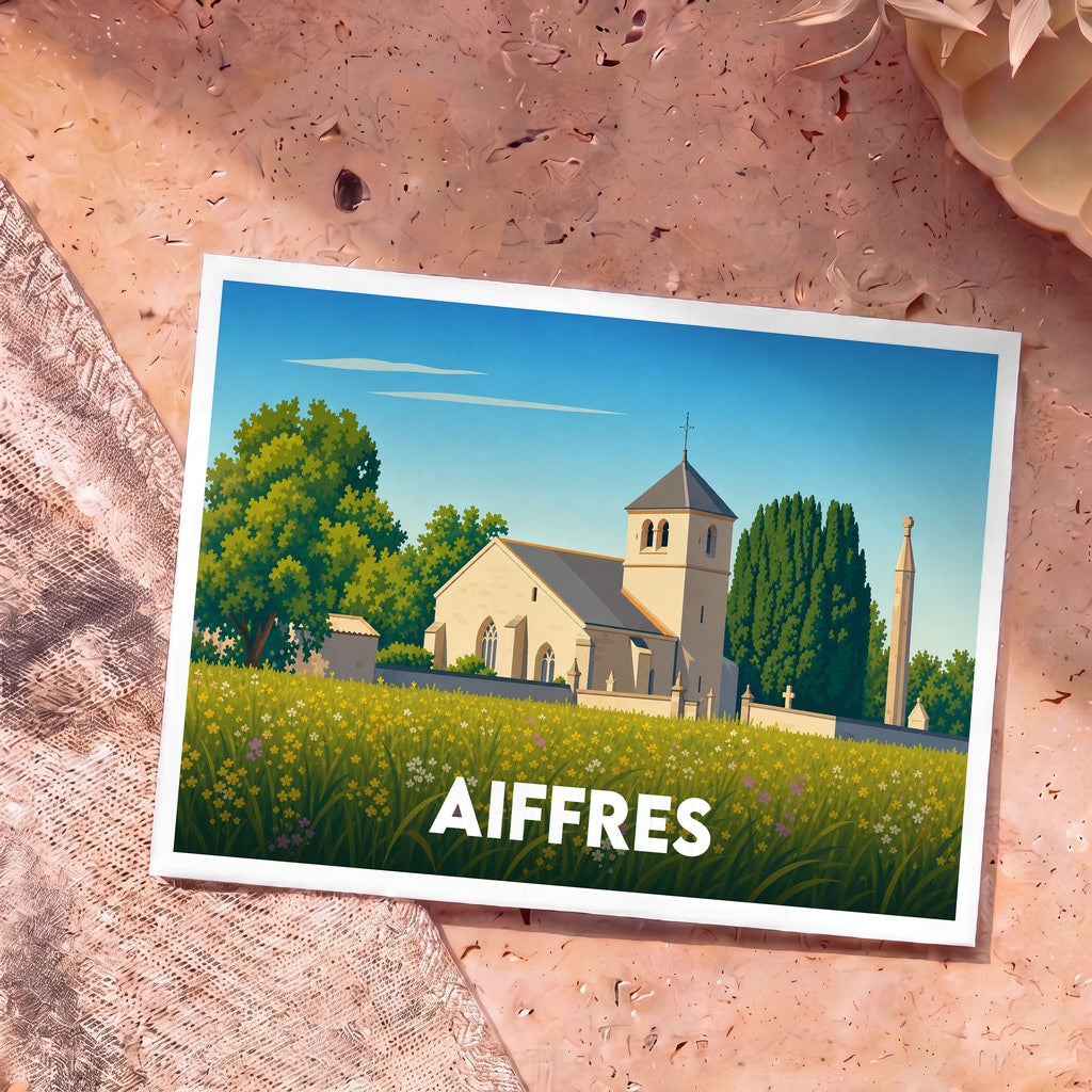 Carte postale souvenir de la ville d'Aiffres illustrant son église et un champ de fleurs dans un style épuré.