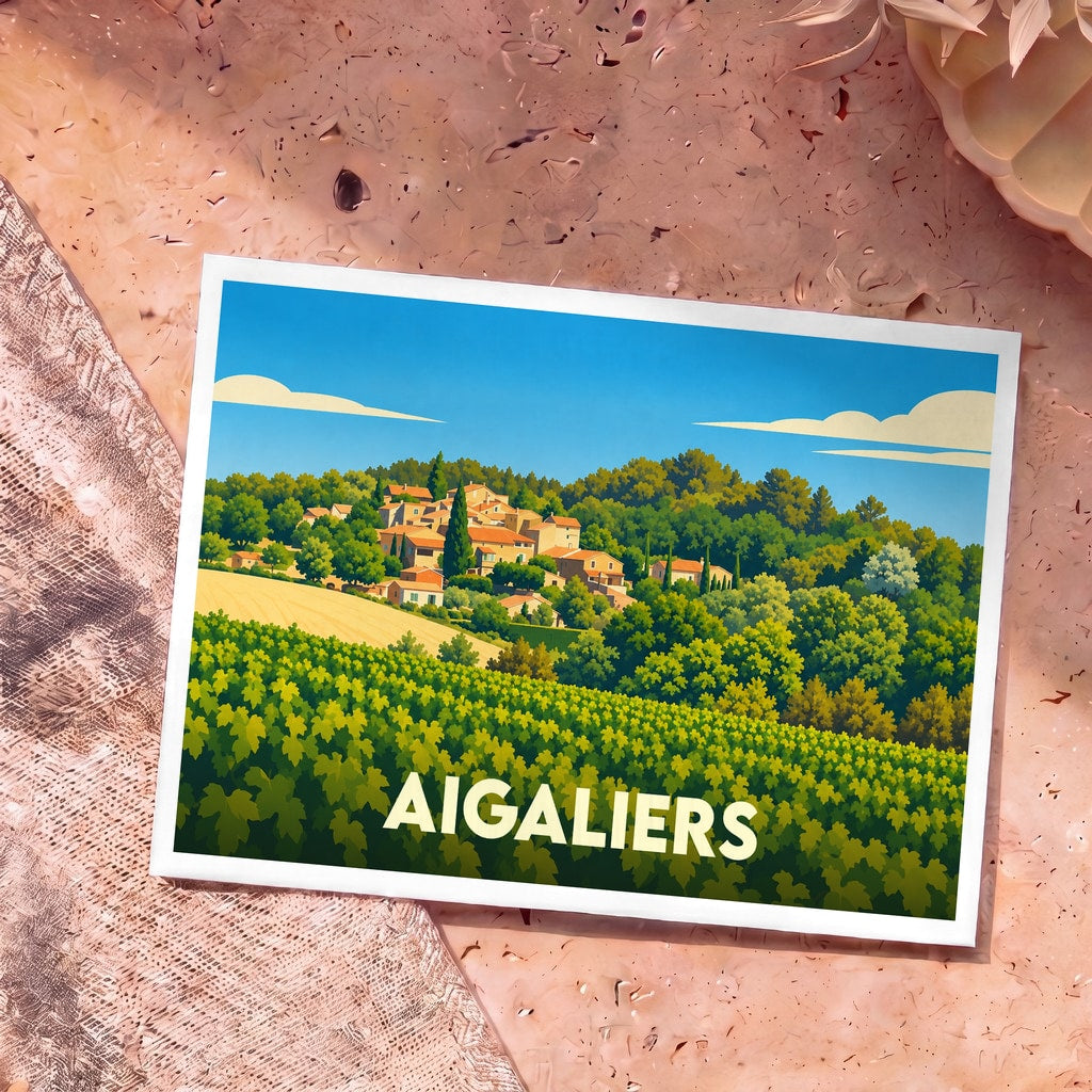 Carte postale souvenir de la ville d'Aigaliers avec une illustration stylisée de son village et de ses vignobles.
