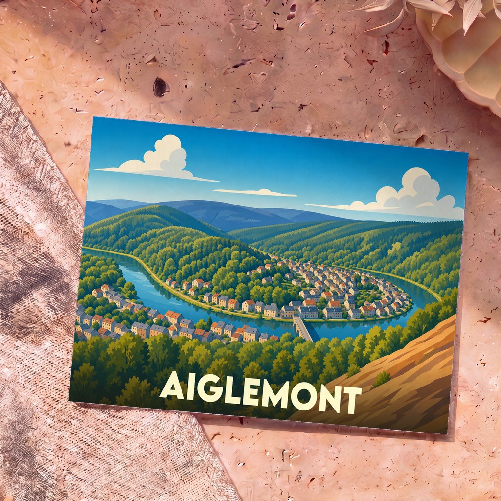 Carte postale souvenir de la ville d'Aiglemont avec une illustration stylisée d'un village dans un méandre.