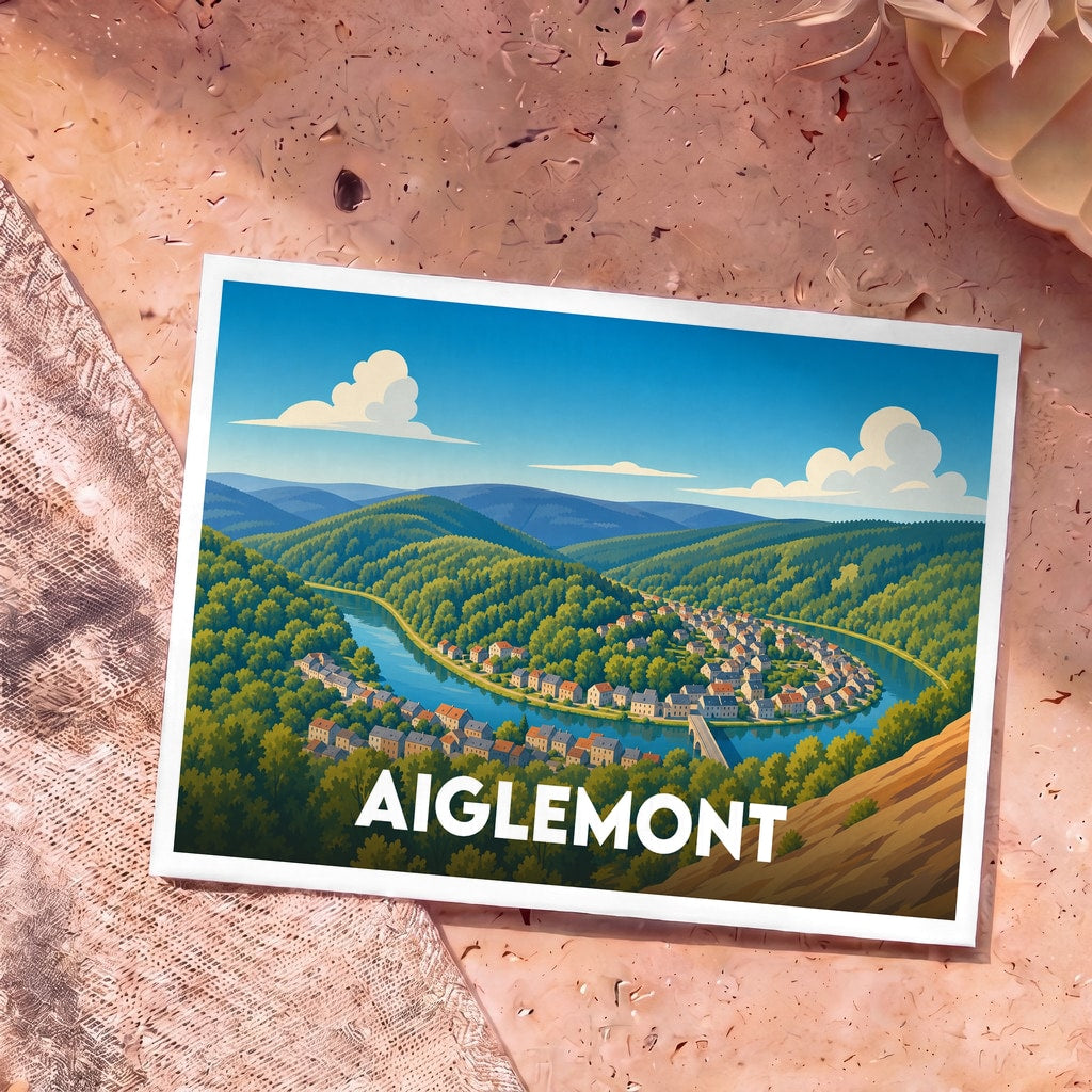 Carte postale souvenir de la ville d'Aiglemont avec une illustration stylisée d'un village dans un méandre.