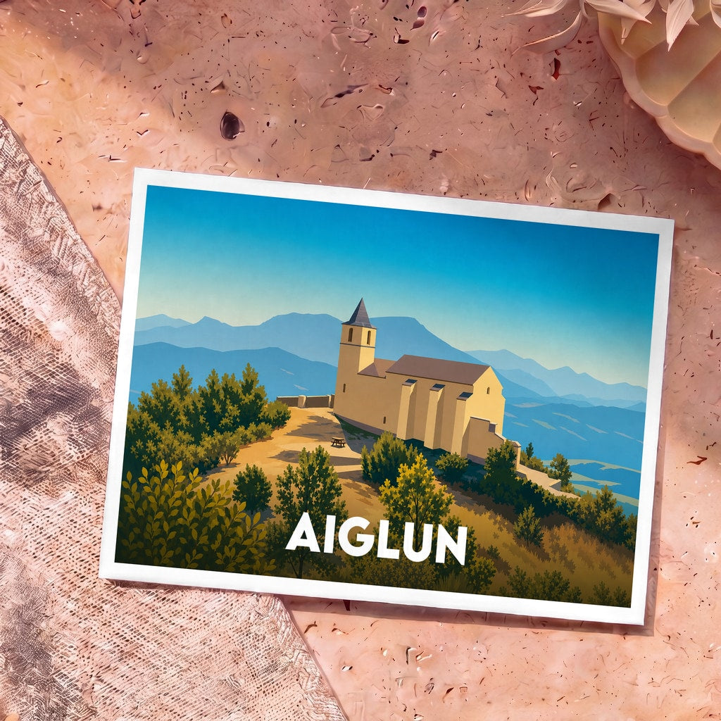Carte postale souvenir de la ville de Aiglun avec une illustration stylisée montrant son église perchée sur une colline.