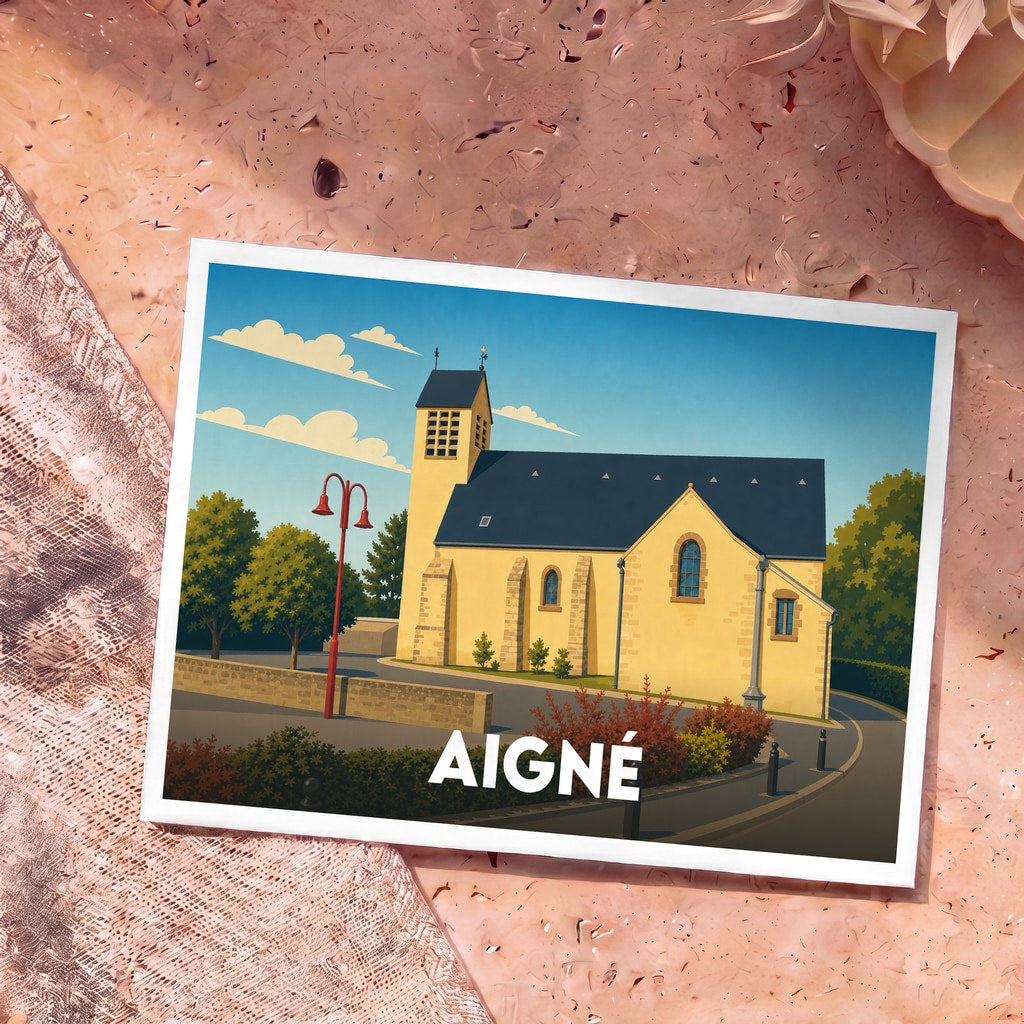 Carte postale souvenir de la ville d'Aigné avec une illustration stylisée de son église.