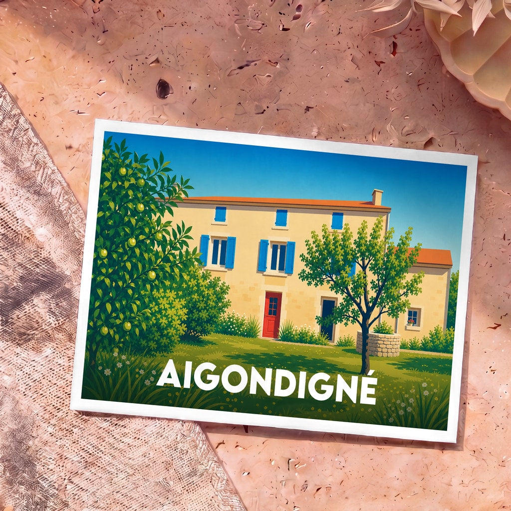 Carte postale souvenir de la ville d'Aigondigné illustrant une maison traditionnelle aux volets bleus dans un jardin verdoyant.