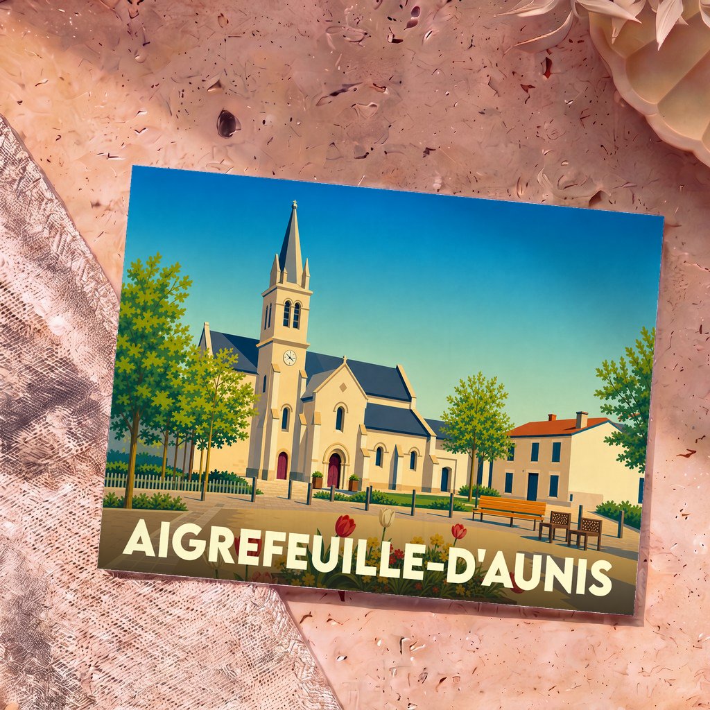 Carte postale souvenir de la ville d'Aigrefeuille-d'Aunis avec une illustration stylisée de son église et de sa place centrale.