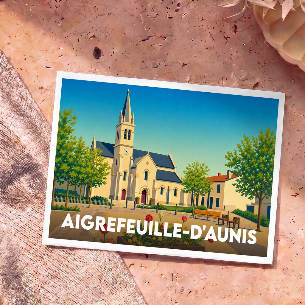 Carte postale souvenir de la ville de Aigrefeuille-d'Aunis avec une illustration stylisée de son église et de sa place.