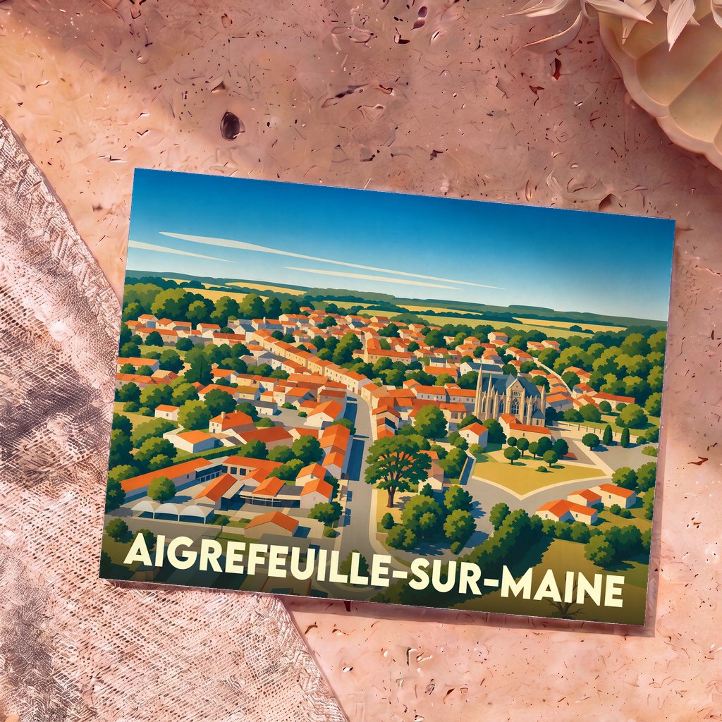 Carte postale souvenir de la ville d'Aigrefeuille-sur-Maine avec une illustration stylisée d'une vue aérienne.