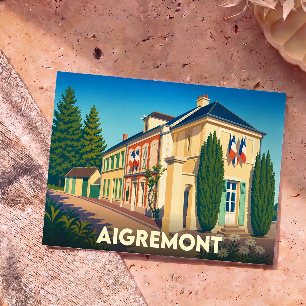 Carte postale souvenir de la ville d'Aigremont avec une illustration stylisée de sa mairie ornée de drapeaux français.
