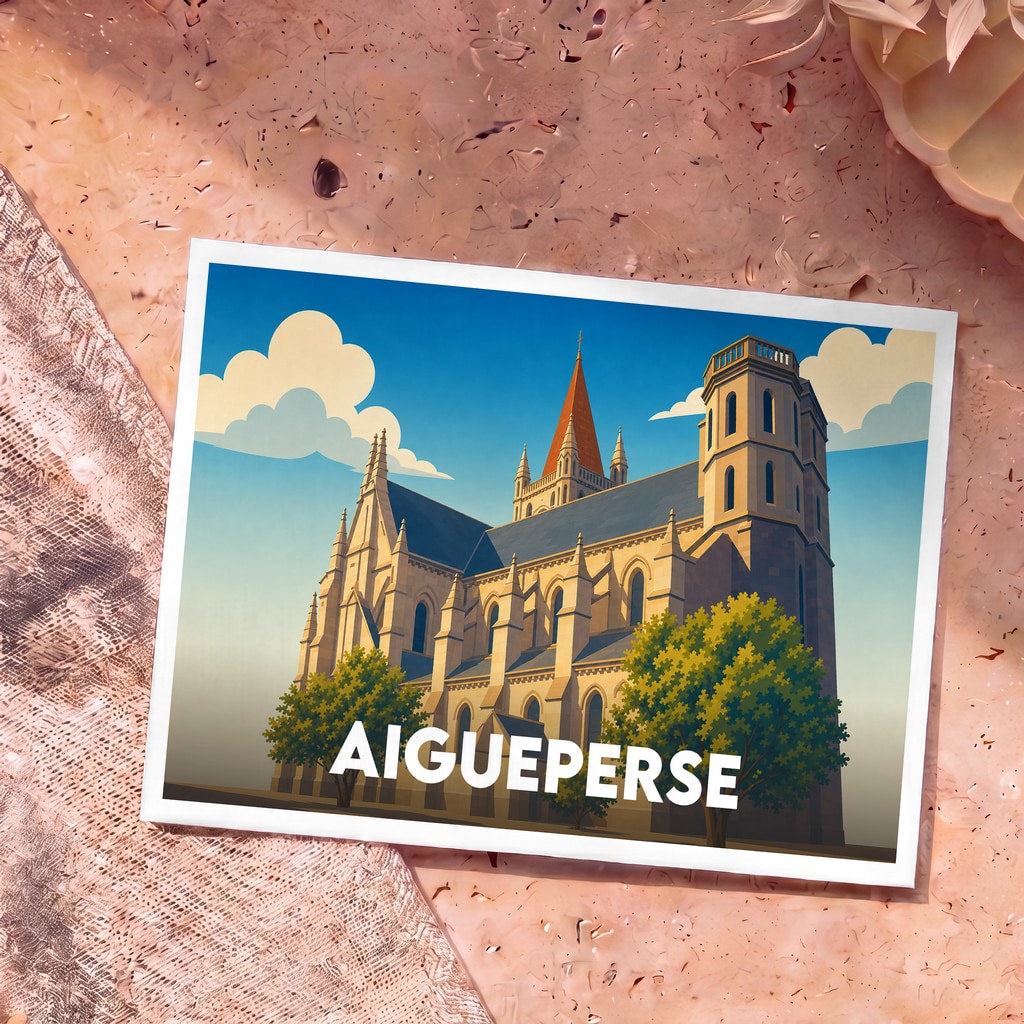 Carte postale souvenir de la ville d'Aigueperse avec une illustration stylisée de son église sous un ciel bleu.
